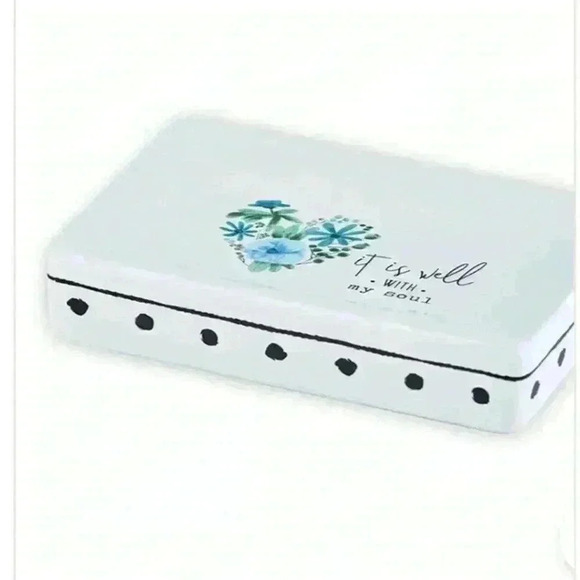 It Is Well With My Soul White Ceramic Soap Dish W/ Blue Flowers & Black Accents - Picture 7 of 13